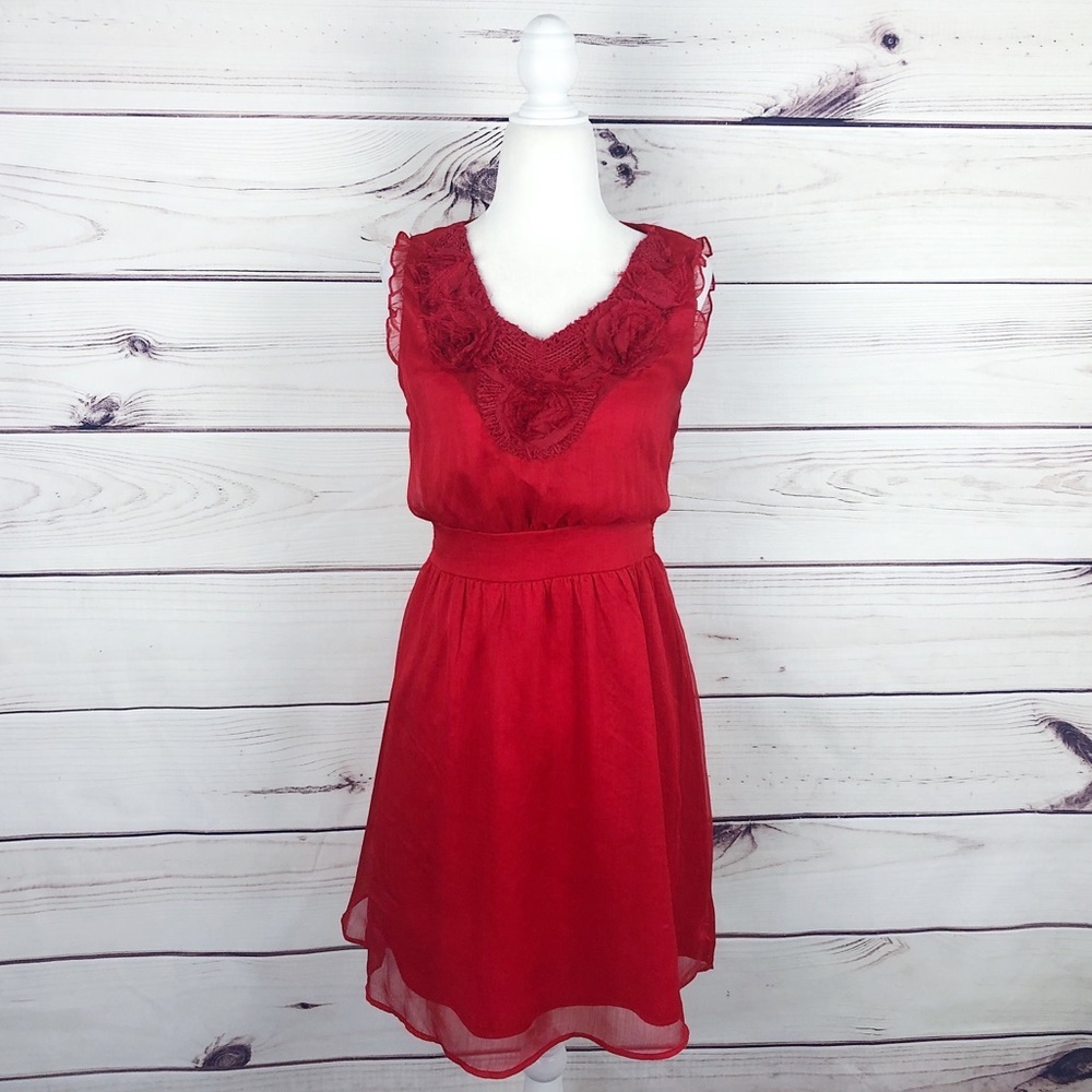 Anthropologie Criss Cross Red Floral Dress Medium